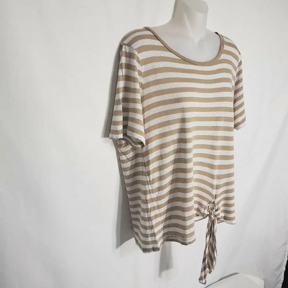 Michael Kors Women's Top Large Striped Linen Blend Beige Front Tie Short Sleeve